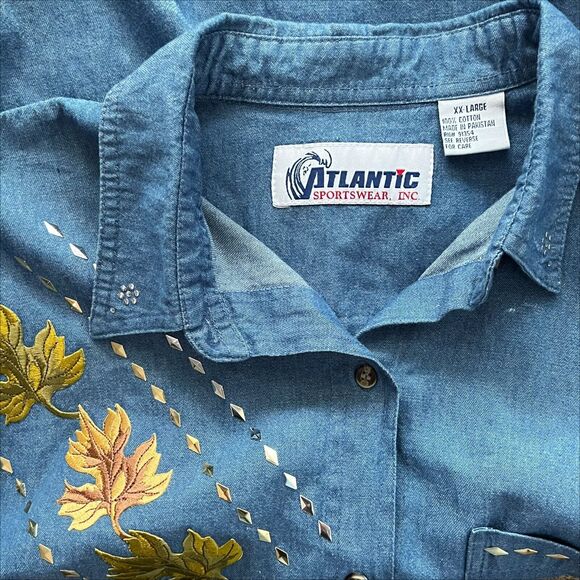 Vintage Embroidered Fall Leaf Blue Denim Button Down Long Sleeve Womens Size XXL - Picture 10 of 13